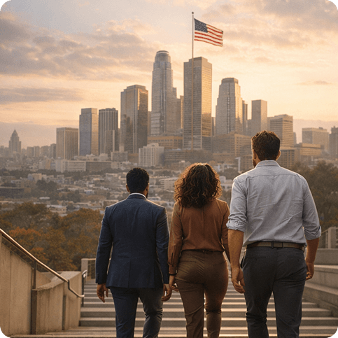 People walking up stairs toward the city skyline