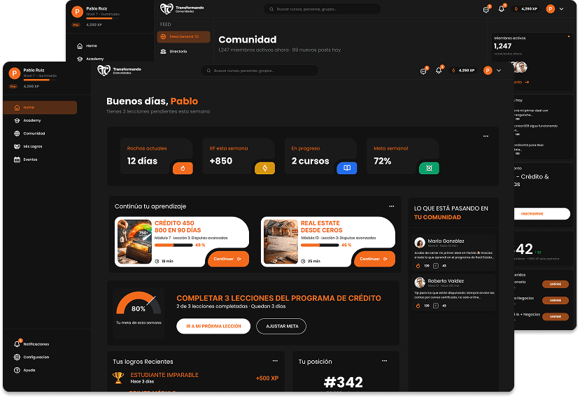 Platform view: main dashboard, in-progress programs, and community