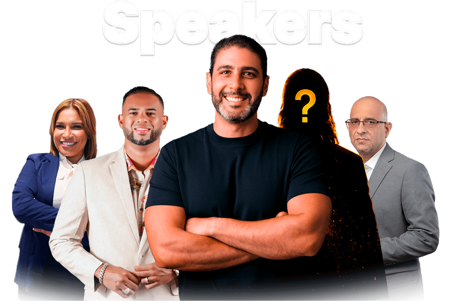 Confirmed and soon-to-be-revealed speakers at the Business Summit—some faces hidden behind a question mark.
