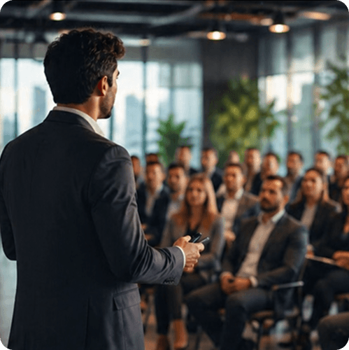 Speaker in front of an audience at a business event